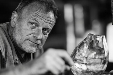 An elderly man with a beard intently works on shaping a bubble of glass, demonstrating dedication and mastery of the craft in an environment filled with tools and materials.