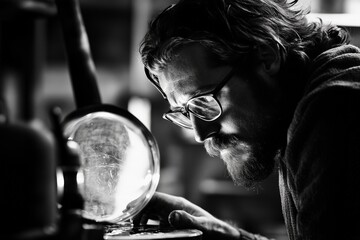 A black and white photograph of a bearded man wearing glasses, intensely examining an object under a light in a workshop. The lighting and focus create a dramatic effect.