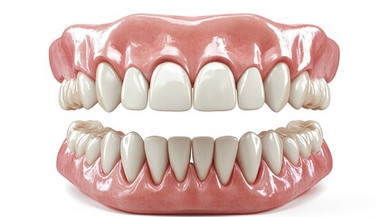 Obraz premium Realistic photo of teeth with white and pink coloring, front view, on an isolated white background 