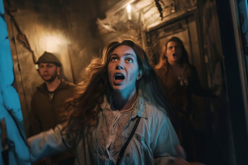 Fototapeta premium Group of friends is walking through a haunted house, with one woman screaming in terror