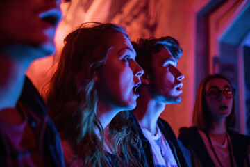 Group of friends experiencing a haunted house tour, with their faces illuminated by colorful lights and showing expressions of fear