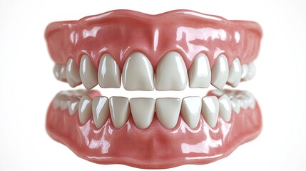 Obraz premium Realistic photo of teeth with white and pink coloring, front view, on an isolated white background 