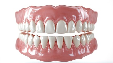 Obraz premium Realistic photo of teeth with white and pink coloring, front view, on an isolated white background 