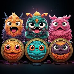 Whimsical crypto creatures diverse coin designs concept of variety