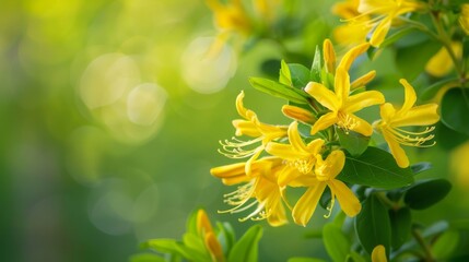  A yellow flower with green leaves in sharp focus, blurred background