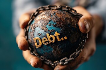 A pair of hands holding a globe tightly wrapped in chains labelled 'Debt'. This powerful image portrays the concept of global economic debt and the human burden it creates.