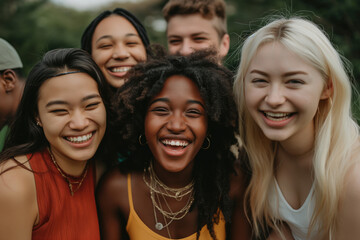 Obraz premium Diverse group of young adults laughing and enjoying each other's company outdoors, radiating positivity and unity