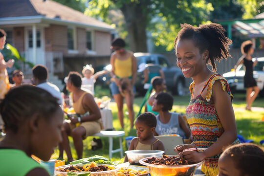 African american woman happily cooks at a lively block party in a sunny backyard, surrounded by friends and family enjoying a barbecue