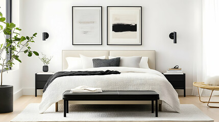 Modern bedroom featuring a bed, artwork, and minimalist decor.