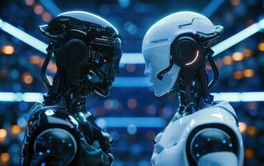 Fototapeta premium Two futuristic robots facing each other in a high-tech environment, symbolizing advanced technology and AI.