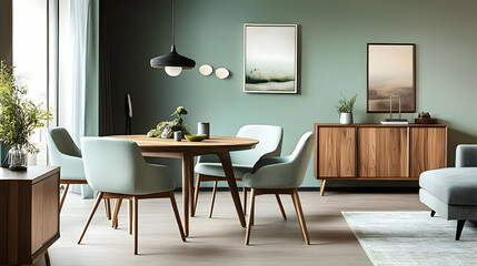 Modern dining room featuring a wooden table, stylish chairs, and elegant decor.
