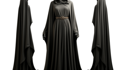 beautiful designer abaya set with long sleeve, studio view, isolated on transparent background.