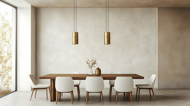 Modern dining room with a wooden table and white chairs, featuring pendant lights.