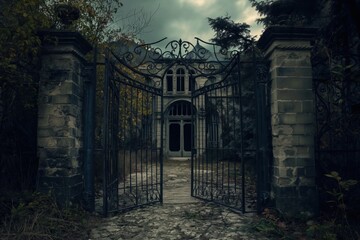 Old creepy mansion with open iron gates is revealing a dark entrance on a cloudy day © Татьяна Евдокимова