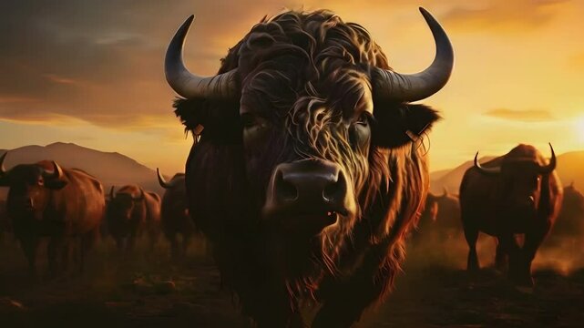 Video artistic recreation of herd of a ancient bulls or bisons at sunset