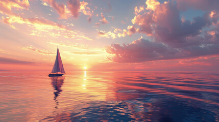 Fototapeta premium A stunning tropical sunset with a sailboat on the open ocean, reflecting warm hues of pink, orange, and purple across the sky