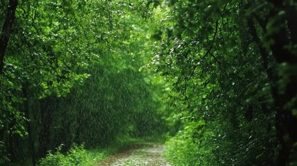 Obraz premium Rainy Forest Path Green Trees Nature Background