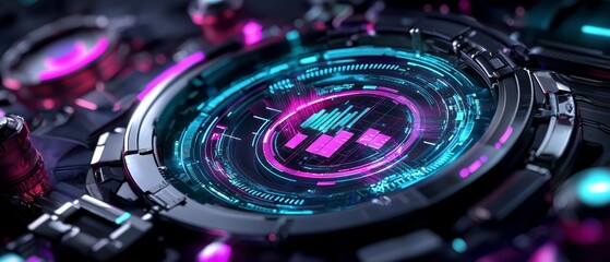 A holographic interface displaying futuristic data charts and analytics