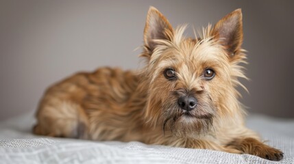  A small brown dog lies on a bed next to a white comforter