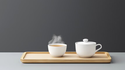 Obraz premium A minimalist tea set on a bamboo tray with steam rising from a freshly brewed cup