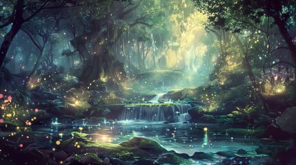 A magical forest with a stream and glowing lights.