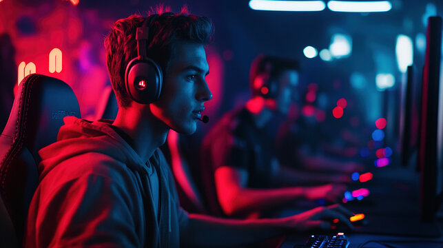 E-sports competition, players focus on the screen, neon lights illuminate the game arena, enthusiastic audience cheers for them