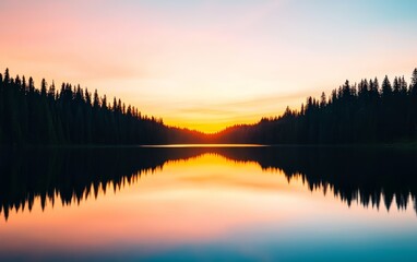 Obraz premium A peaceful sunset over a quiet lake with the silhouette of trees reflecting in the water