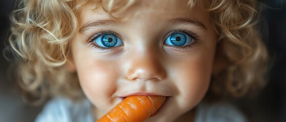 Naklejka premium Adorable child with blue eyes, happily biting into a fresh carrot