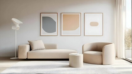 Fototapeta premium Modern living room featuring minimalist furniture and abstract art.