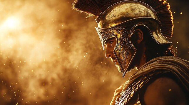 An ancient Greek warrior in golden armor and a plumed helmet, surrounded by smoke and sparks.