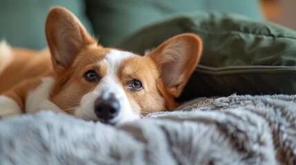 Obraz premium A brown-and-white dog lies on a bed, near a green pillow atop it