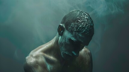 Fototapeta premium A man with a green face and a smoky background.
