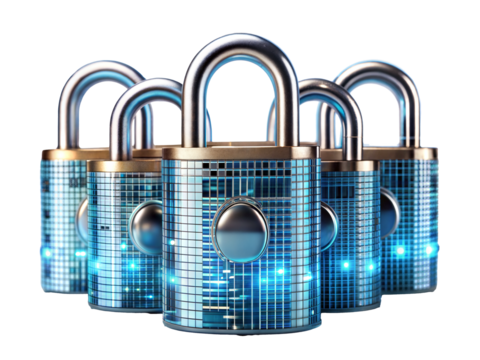 Cybersecurity Concept with Padlocks and Digital Circuit Patterns cut out. isolated on transparent background. Copy space.