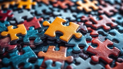 Closeup of colorful jigsaw puzzle pieces scattered, vibrant and detailed, soft focus on edges