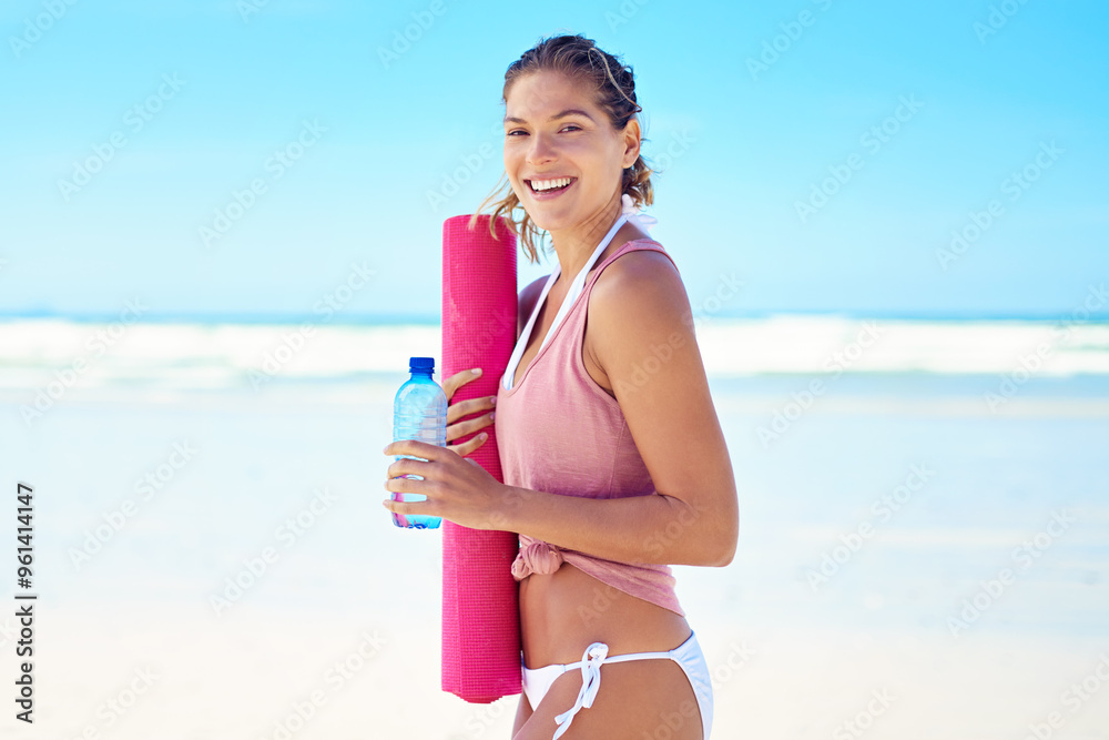 Wall mural Portrait, yoga mat and woman at beach for pilates, balance and spiritual health with Miami blue sky. Meditation, peace and girl relax by ocean for wellness, mindset and zen chakra by summer sea