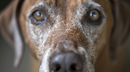  A tight shot of a dog's expressive face, nose just ajar, locked onto the lens