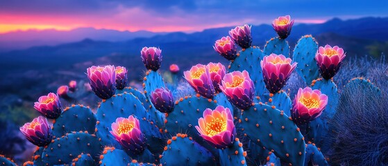 Colorful prickly pear cacti illuminated with neon lights at night, set against a desert landscape