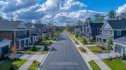 A serene suburban street lined with houses under a blue sky and fluffy clouds.