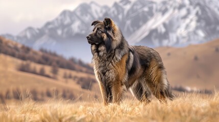 Naklejka premium A large brown and black dog stands atop a dry grass-covered field, gazing at distant mountain ranges