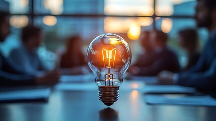 A bright lightbulb shines, symbolizing the spark of a great idea during a business brainstorming session.