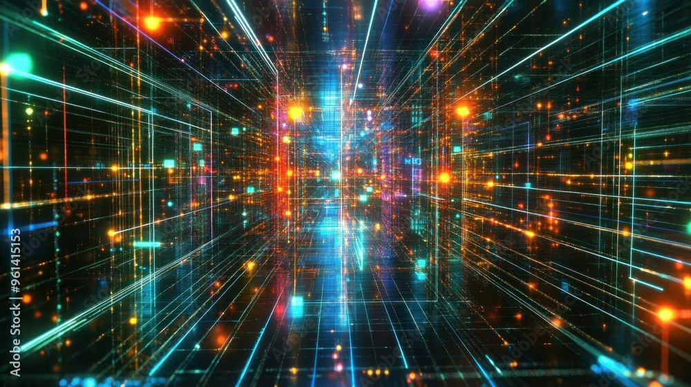 Poster a vibrant digital tunnel filled with colorful lights and lines, representing data flow or connectivi