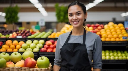 Smiling Produce Worker in a Grocery Store