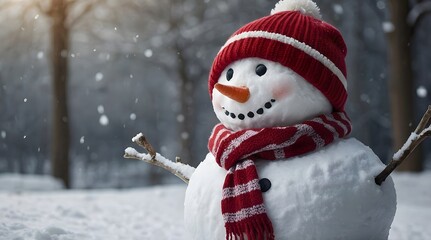 Fototapeta premium Snowman with Red Hat and Scarf in Winter Snow