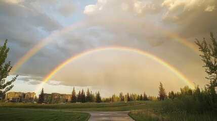 Naklejka premium Double Rainbow Over Green Grass and Trees