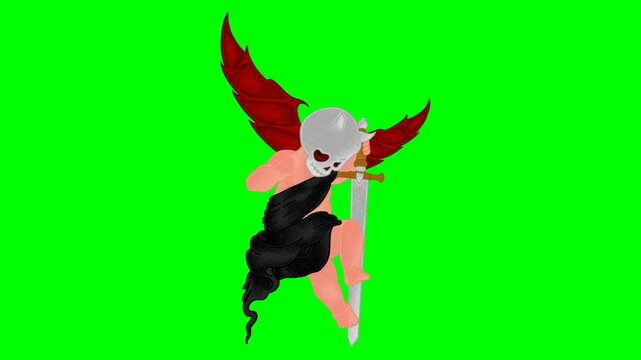 This piece features a baby angel with a dark twist. The figure wore a skull mask, red bat-like wings, and held a large sword. A black cloth floated over part of his body, adding a mysterious feel.