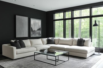 Fototapeta premium Modern Living Room Interior Design with a Sectional Sofa and Black and White Decor