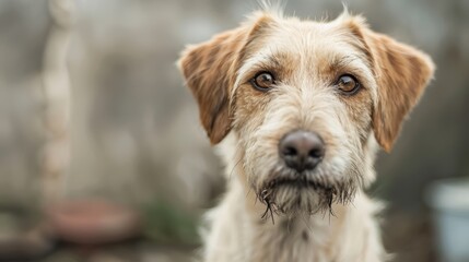  A tight shot of a poised dog gazing into the lens, surrounded by an softly blurred backdrop of trees