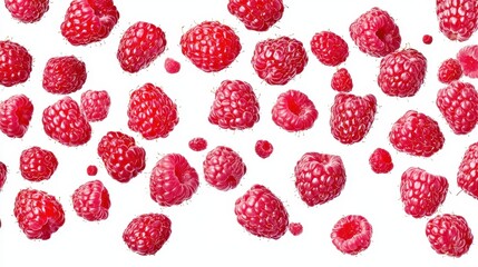Fresh Red Raspberries Falling Isolated on White Background