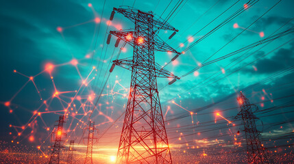 High voltage tower, power lines with glowing connections and data streams in the sky, representing energy technology innovation and smart grid technology concept