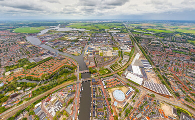 Haarlem, Netherlands. Panorama of the city in summer in cloudy weather. Aerial view